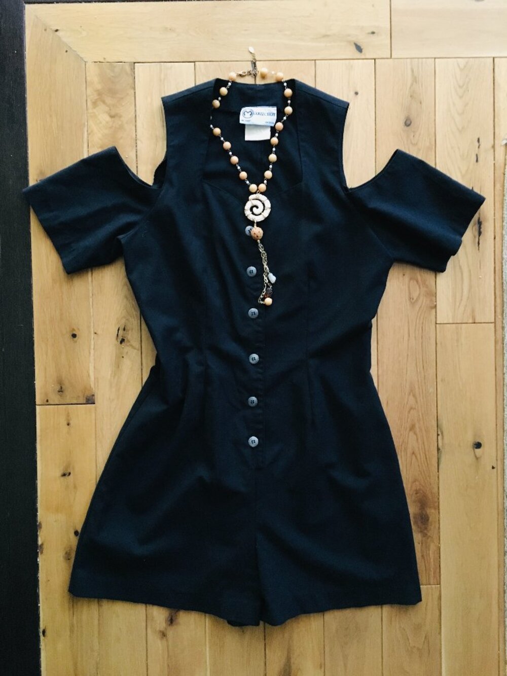 Vintage 90s M Collection Black Cold Shoulder Button Up Romper - Picture 3 of 16